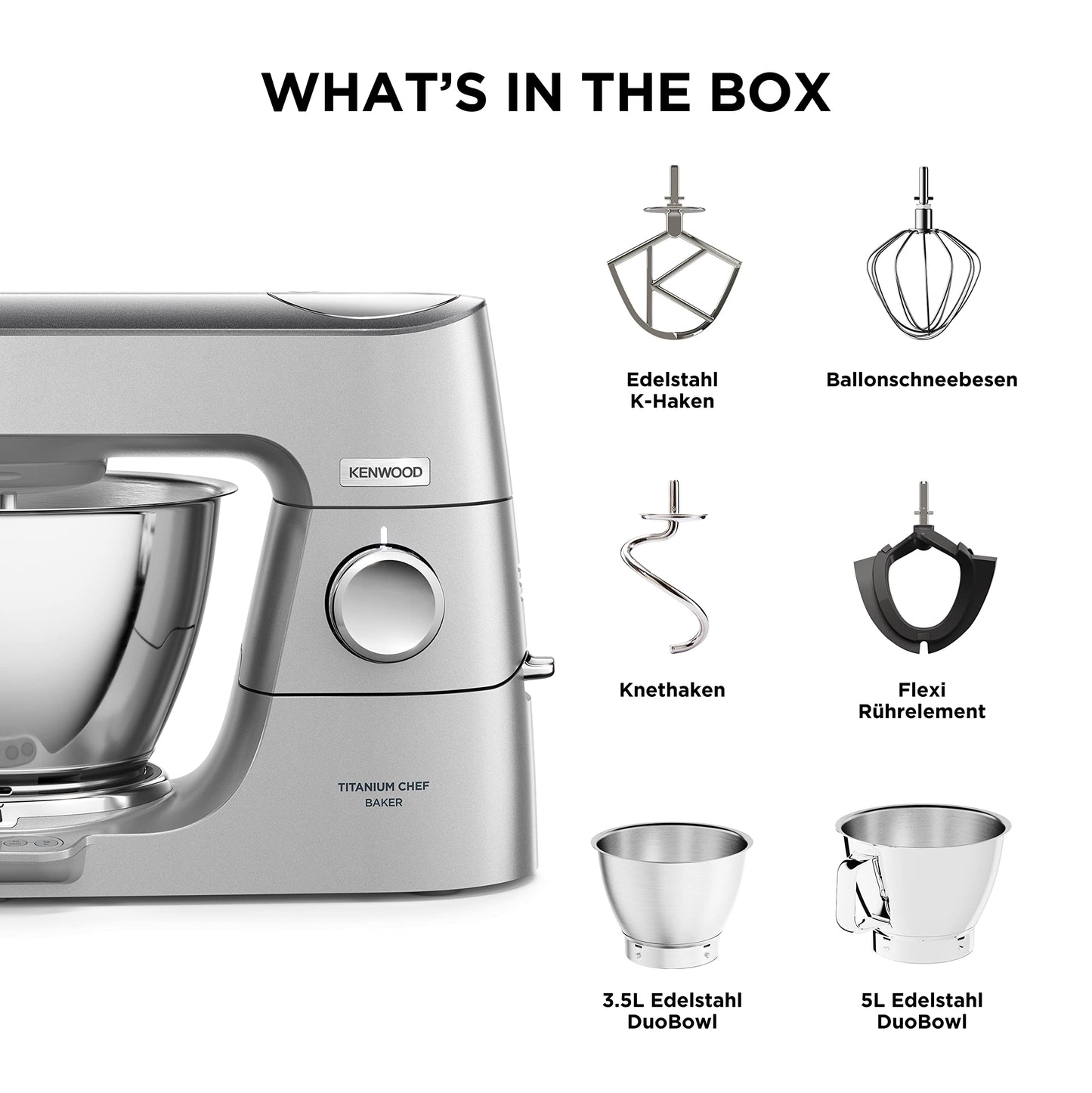 Kenwood Titanium Chef Baker KVC85.004SI Küchenmaschine mit integrierter Waage, inkl. 3-teiligem Patisserie-Set, 5 L und 3,5 L Rührschüssel, stufenloser Geschwindigkeitsregler, 1200 W, Silber