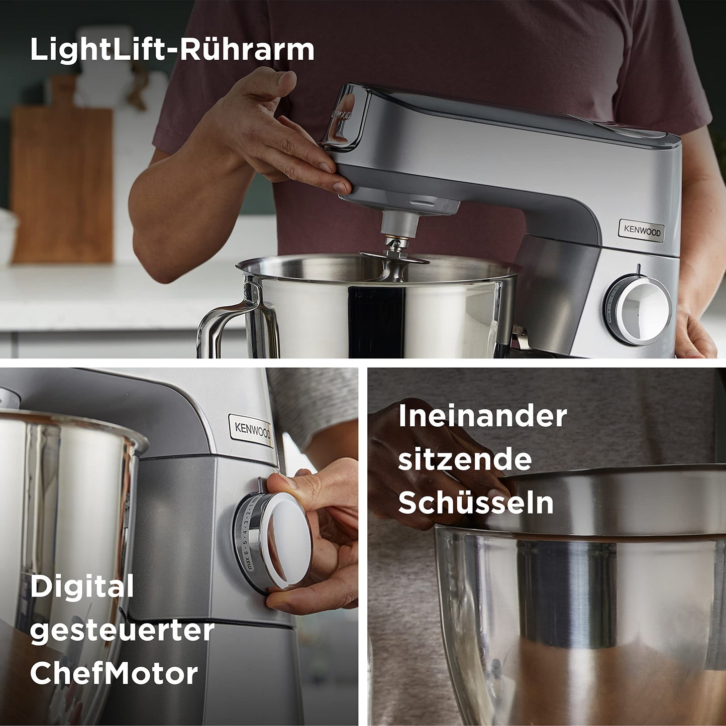 Kenwood Titanium Chef Baker KVC85.004SI Küchenmaschine mit integrierter Waage, inkl. 3-teiligem Patisserie-Set, 5 L und 3,5 L Rührschüssel, stufenloser Geschwindigkeitsregler, 1200 W, Silber