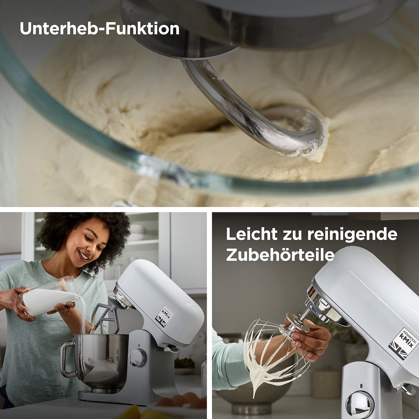 Kenwood kMix KMX750WH Küchenmaschine, 5 l Edelstahl Schüssel, Safe-Use-Sicherheitssystem, Metallgehäuse, 1000 Watt, inkl. 3-Teiligem Patisserie-Set und Spritzschutz, Weiß