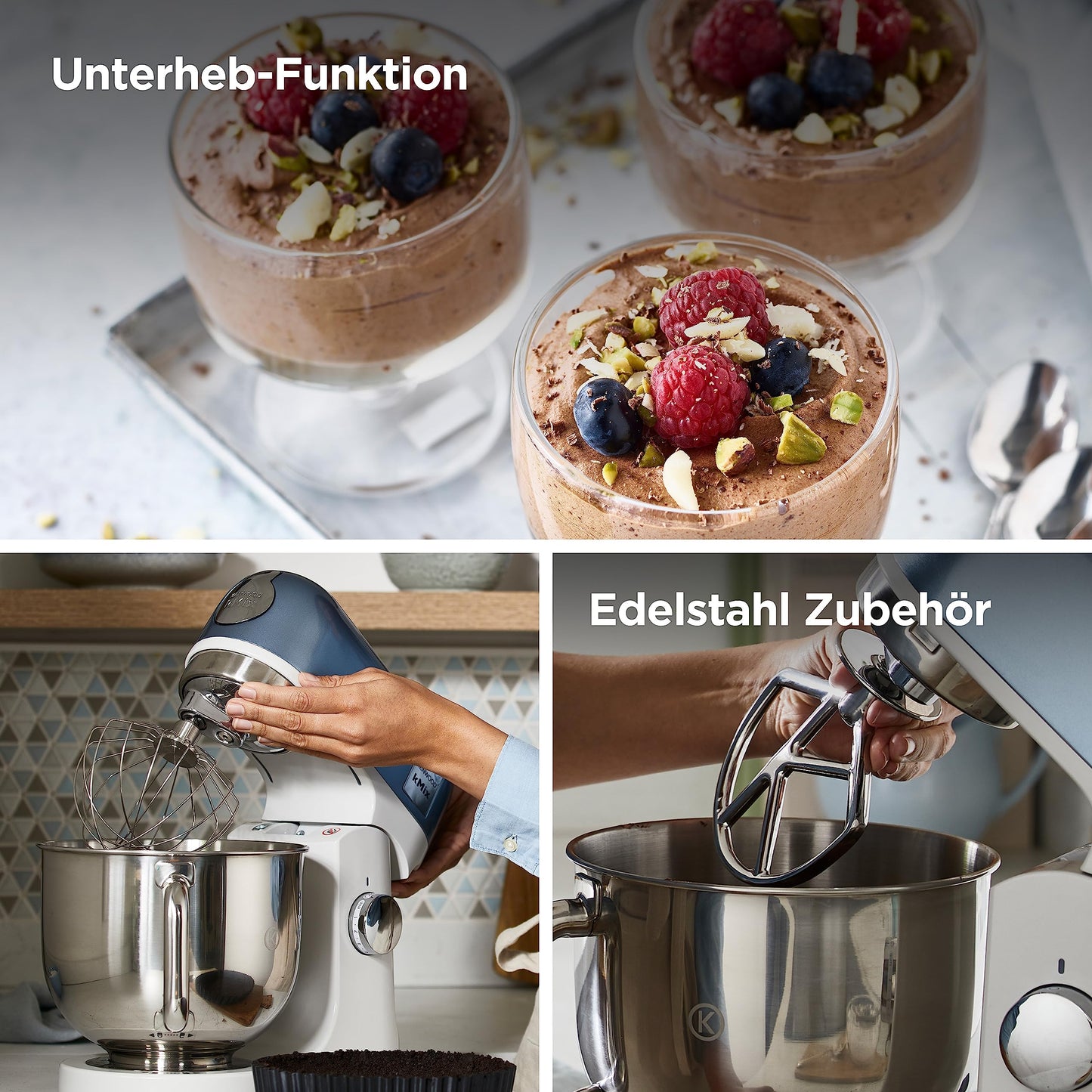 Kenwood kMix Editions KMX760BL Küchenmaschine, 5 l Edelstahl Schüssel, Safe-Use-Sicherheitssystem, Metallgehäuse, 1000 Watt, inkl. 3-Teiligem Patisserie-Set und Spritzschutz, Blau Metallic