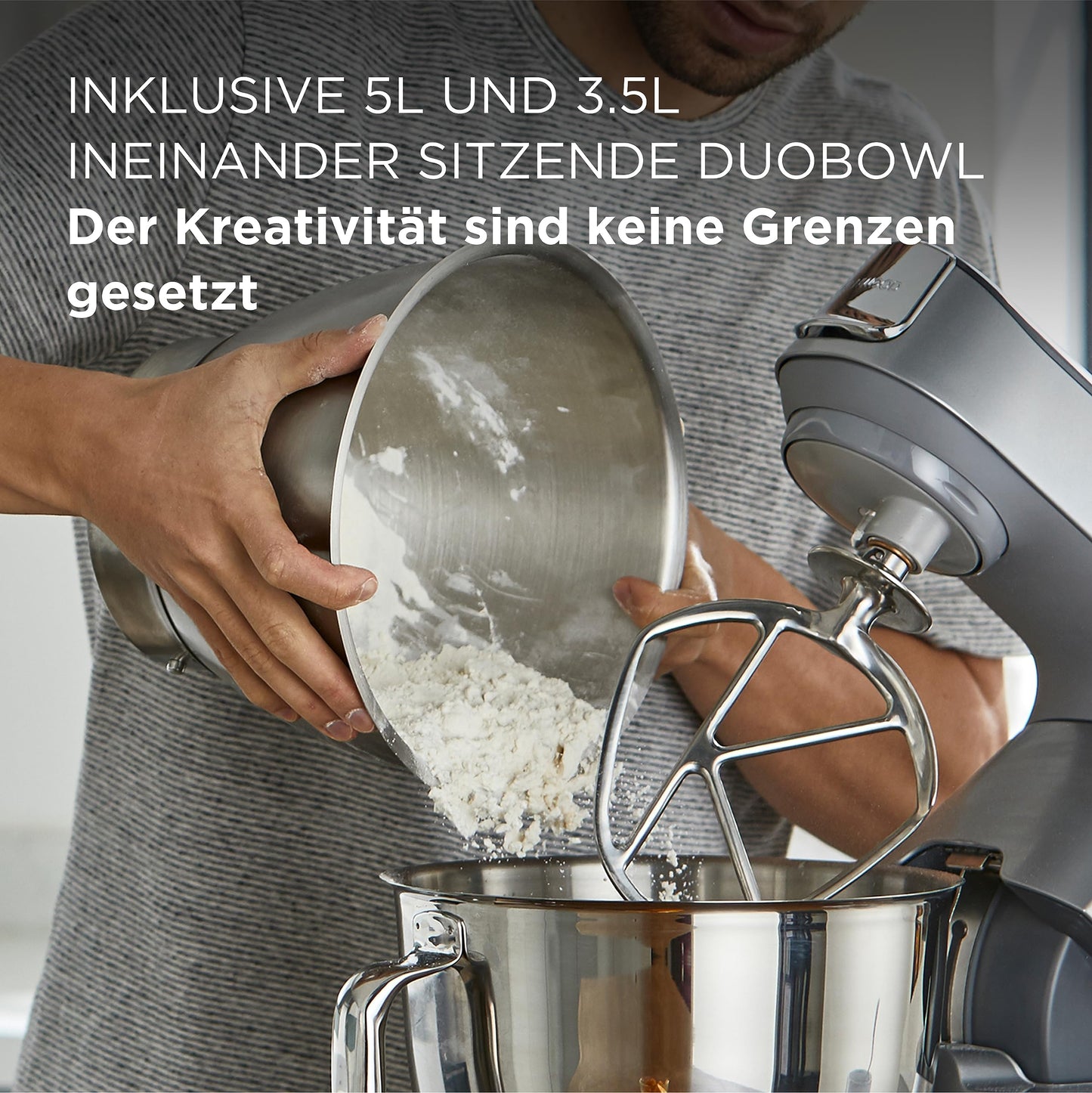 Kenwood Titanium Chef Baker KVC85.004SI Küchenmaschine mit integrierter Waage, inkl. 3-teiligem Patisserie-Set, 5 L und 3,5 L Rührschüssel, stufenloser Geschwindigkeitsregler, 1200 W, Silber