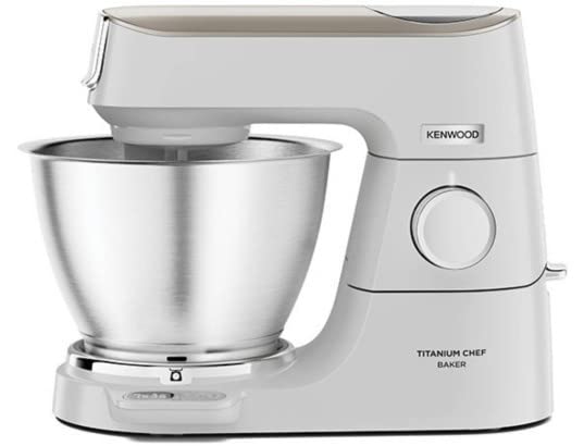 Kenwood Titanium Chef Baker KVC65.001WH - Küchenmaschine mit integrierter Waage, 1200 Watt, inkl. 3-teiligem Patisserie-Set, Spatel & Spritzschutz, Weiß & Edelstahl-Schüssel KAB50.000BS, Zubehör