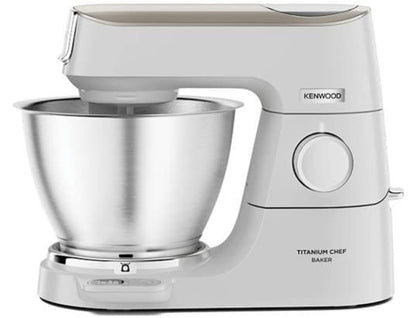 Kenwood Titanium Chef Baker KVC65.001WH - Küchenmaschine mit integrierter Waage, 1200 Watt, inkl. 3-teiligem Patisserie-Set, Spatel & Spritzschutz, Weiß & Edelstahl-Schüssel KAB50.000BS, Zubehör