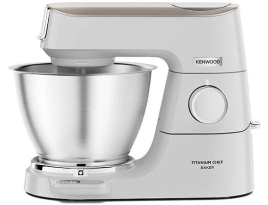 Kenwood Titanium Chef Baker KVC65.001WH - Küchenmaschine mit integrierter Waage, 1200 Watt, inkl. 3-teiligem Patisserie-Set, Spatel & Spritzschutz, Weiß & Edelstahl-Schüssel KAB50.000BS, Zubehör
