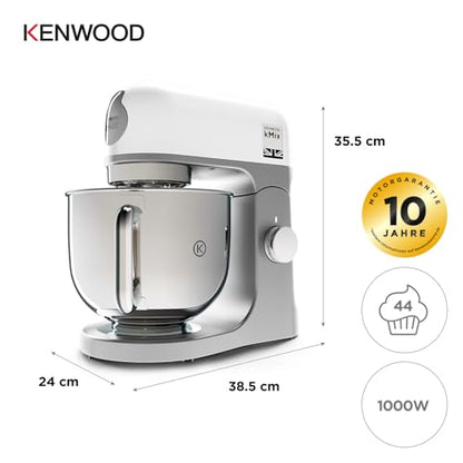 Kenwood kMix KMX750WH Küchenmaschine, 5 l Edelstahl Schüssel, Safe-Use-Sicherheitssystem, Metallgehäuse, 1000 Watt, inkl. 3-Teiligem Patisserie-Set und Spritzschutz, Weiß