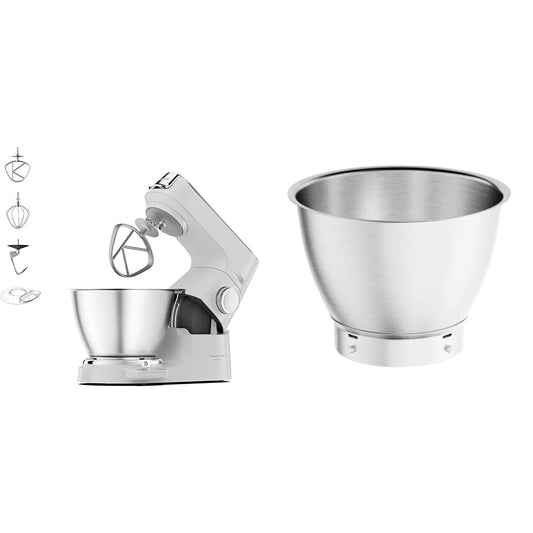 Kenwood Titanium Chef Baker KVC65.001WH - Küchenmaschine mit integrierter Waage, 1200 Watt, inkl. 3-teiligem Patisserie-Set, Spatel & Spritzschutz, Weiß & Edelstahl-Schüssel KAB50.000BS, Zubehör