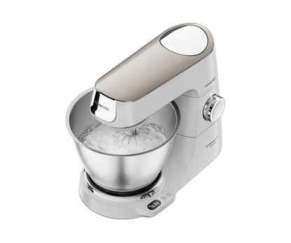 Kenwood Titanium Chef Baker KVC65.001WH - Küchenmaschine mit integrierter Waage, 1200 Watt, inkl. 3-teiligem Patisserie-Set, Spatel & Spritzschutz, Weiß & Edelstahl-Schüssel KAB50.000BS, Zubehör