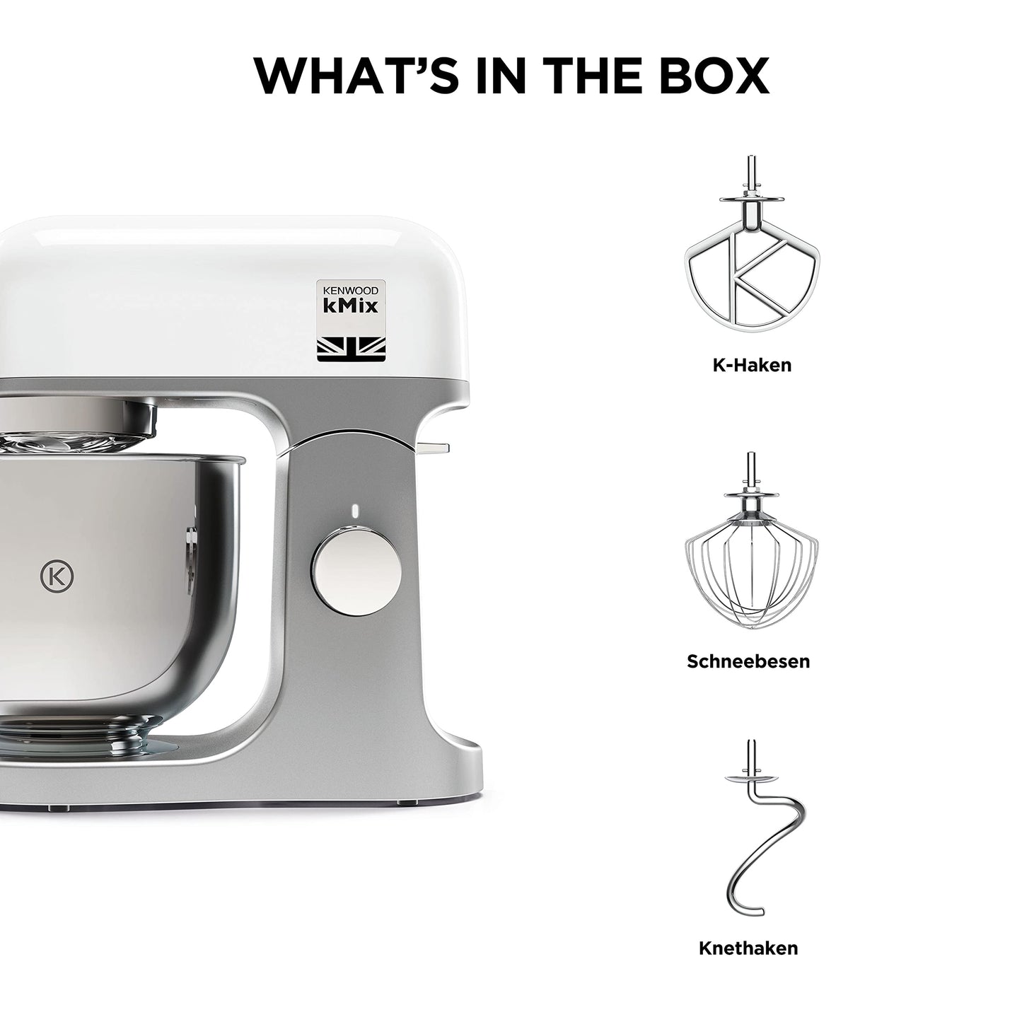 Kenwood kMix KMX750WH Küchenmaschine, 5 l Edelstahl Schüssel, Safe-Use-Sicherheitssystem, Metallgehäuse, 1000 Watt, inkl. 3-Teiligem Patisserie-Set und Spritzschutz, Weiß
