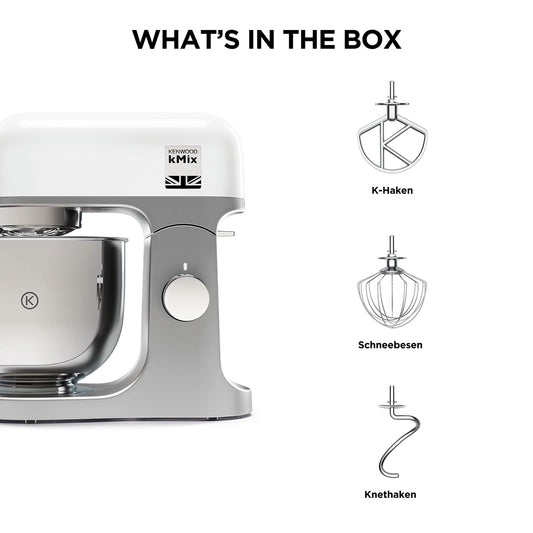 Kenwood kMix KMX750WH Küchenmaschine, 5 l Edelstahl Schüssel, Safe-Use-Sicherheitssystem, Metallgehäuse, 1000 Watt, inkl. 3-Teiligem Patisserie-Set und Spritzschutz, Weiß
