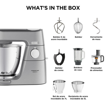 Kenwood Titanium Chef Baker KVL85.424SI Küchenmaschine mit integrierter Waage, inkl. 4-teiligem Patisserie-Set, 7 L und 5L Rührschüssel, stufenloser Geschwindigkeitsregler, 1200 W, Silber