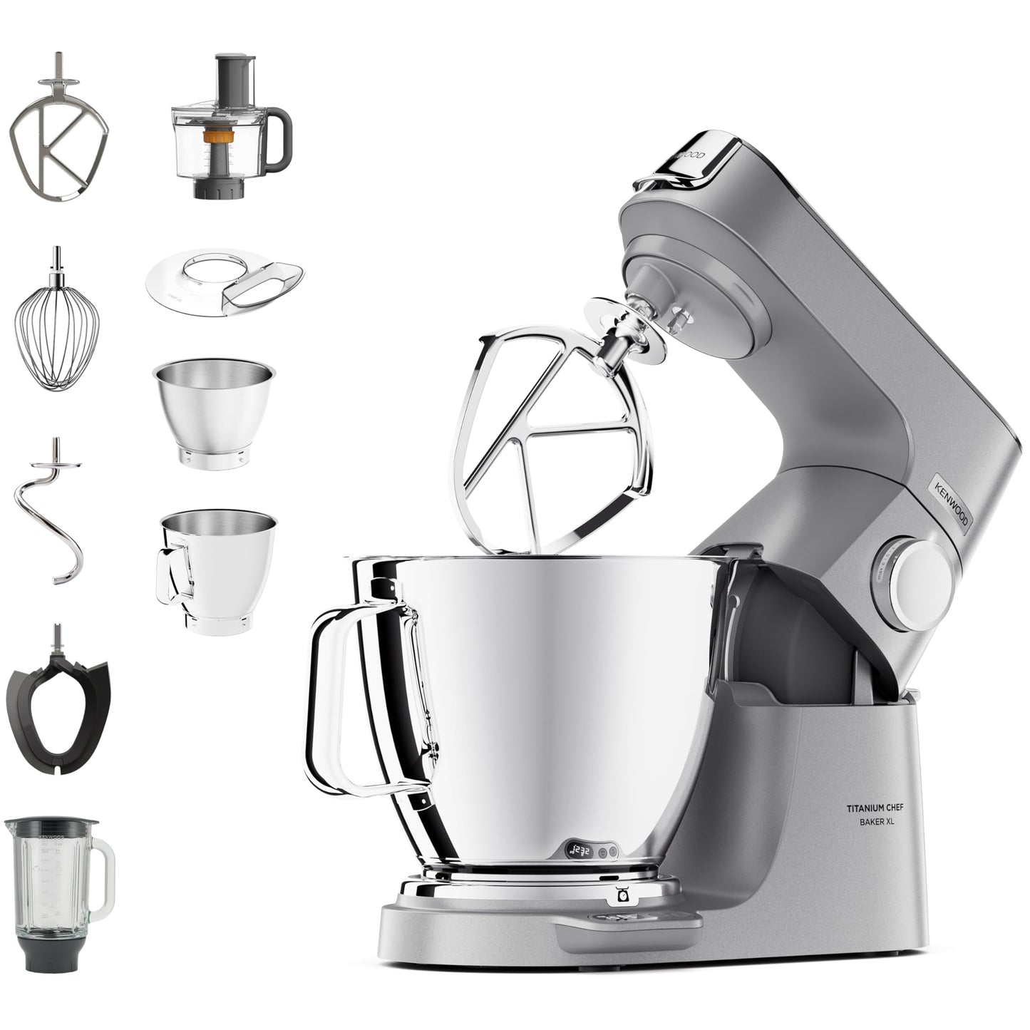 Kenwood Titanium Chef Baker KVL85.424SI Küchenmaschine mit integrierter Waage, inkl. 4-teiligem Patisserie-Set, 7 L und 5L Rührschüssel, stufenloser Geschwindigkeitsregler, 1200 W, Silber