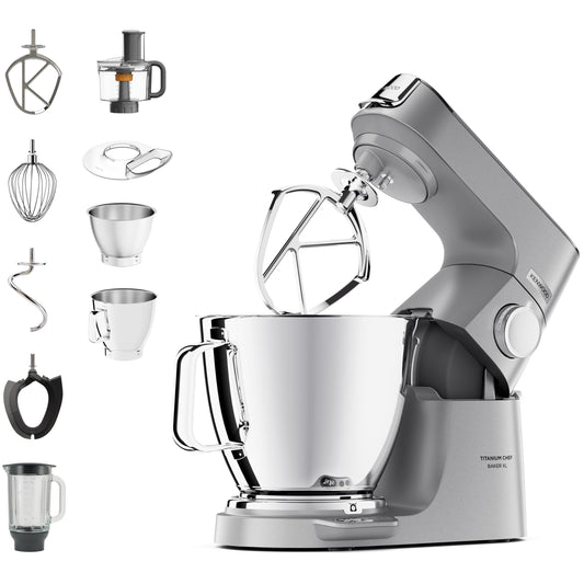 Kenwood Titanium Chef Baker KVL85.424SI Küchenmaschine mit integrierter Waage, inkl. 4-teiligem Patisserie-Set, 7 L und 5L Rührschüssel, stufenloser Geschwindigkeitsregler, 1200 W, Silber