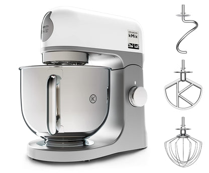 Kenwood kMix KMX750WH Küchenmaschine, 5 l Edelstahl Schüssel, Safe-Use-Sicherheitssystem, Metallgehäuse, 1000 Watt, inkl. 3-Teiligem Patisserie-Set und Spritzschutz, Weiß