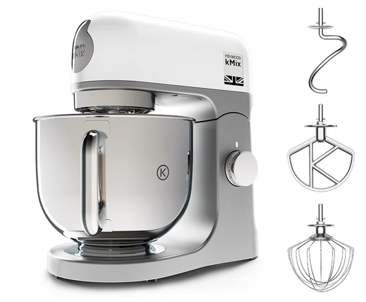 Kenwood kMix KMX750WH Küchenmaschine, 5 l Edelstahl Schüssel, Safe-Use-Sicherheitssystem, Metallgehäuse, 1000 Watt, inkl. 3-Teiligem Patisserie-Set und Spritzschutz, Weiß