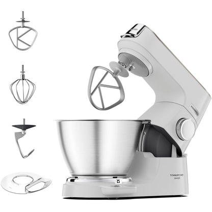 Kenwood Titanium Chef Baker KVC65.001WH - Küchenmaschine mit integrierter Waage, 1200 Watt, inkl. 3-teiligem Patisserie-Set, Spatel & Spritzschutz, Weiß & Edelstahl-Schüssel KAB50.000BS, Zubehör