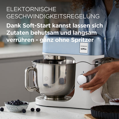 Kenwood kMix Editions KMX760BL Küchenmaschine, 5 l Edelstahl Schüssel, Safe-Use-Sicherheitssystem, Metallgehäuse, 1000 Watt, inkl. 3-Teiligem Patisserie-Set und Spritzschutz, Blau Metallic