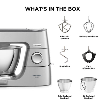 Kenwood Titanium Chef Baker KVC85.004SI Küchenmaschine mit integrierter Waage, inkl. 3-teiligem Patisserie-Set, 5 L und 3,5 L Rührschüssel, stufenloser Geschwindigkeitsregler, 1200 W, Silber