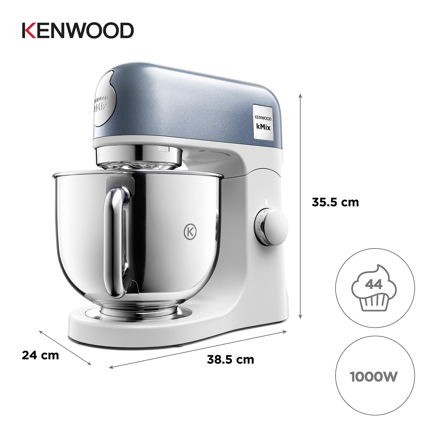 Kenwood kMix Editions KMX760BL Küchenmaschine, 5 l Edelstahl Schüssel, Safe-Use-Sicherheitssystem, Metallgehäuse, 1000 Watt, inkl. 3-Teiligem Patisserie-Set und Spritzschutz, Blau Metallic