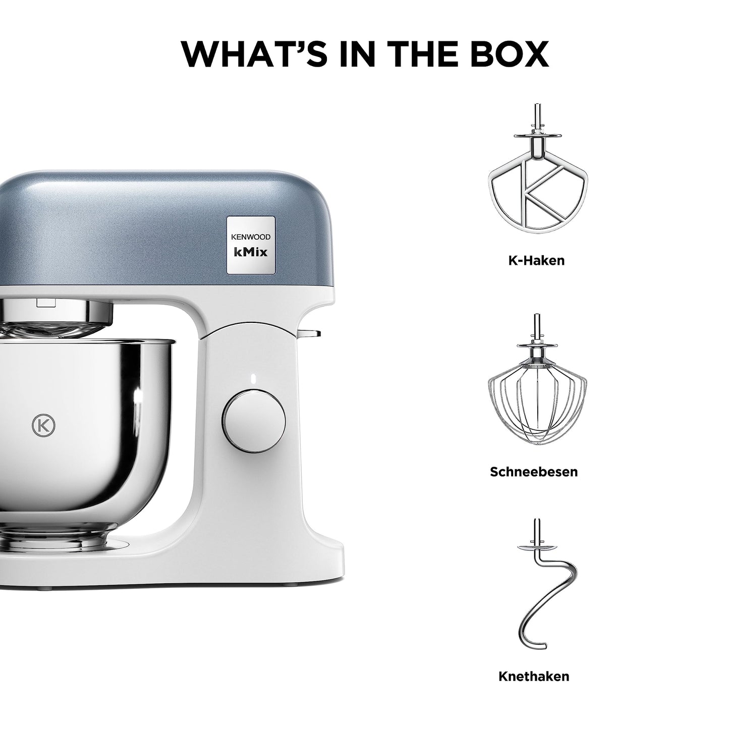 Kenwood kMix Editions KMX760BL Küchenmaschine, 5 l Edelstahl Schüssel, Safe-Use-Sicherheitssystem, Metallgehäuse, 1000 Watt, inkl. 3-Teiligem Patisserie-Set und Spritzschutz, Blau Metallic