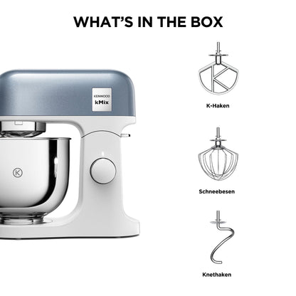 Kenwood kMix Editions KMX760BL Küchenmaschine, 5 l Edelstahl Schüssel, Safe-Use-Sicherheitssystem, Metallgehäuse, 1000 Watt, inkl. 3-Teiligem Patisserie-Set und Spritzschutz, Blau Metallic