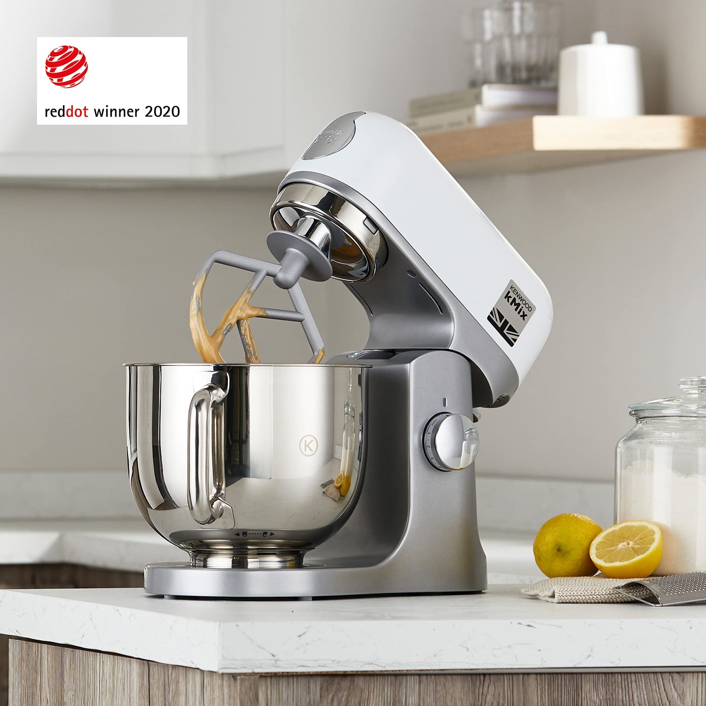 Kenwood kMix KMX750WH Küchenmaschine, 5 l Edelstahl Schüssel, Safe-Use-Sicherheitssystem, Metallgehäuse, 1000 Watt, inkl. 3-Teiligem Patisserie-Set und Spritzschutz, Weiß