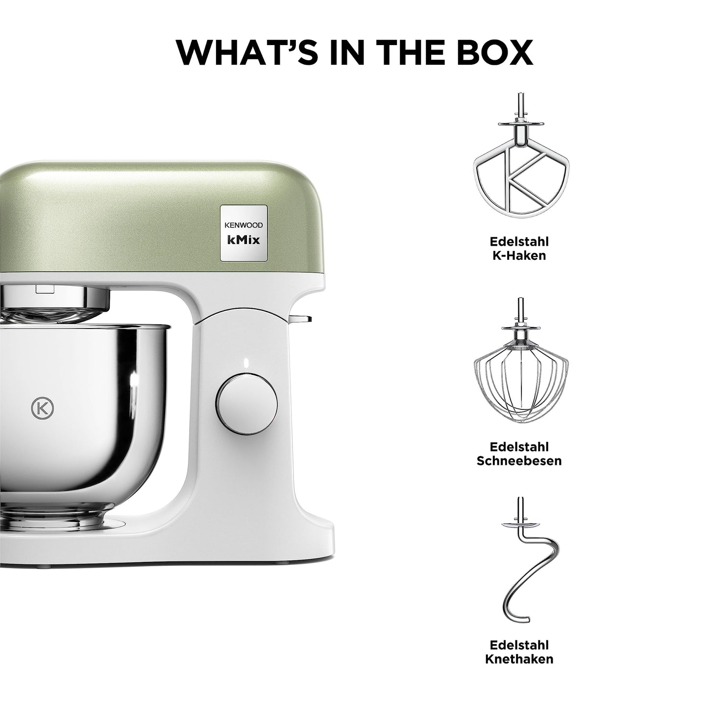 Kenwood kMix Editions KMX760GR Küchenmaschine, 5 l Edelstahl Schüssel, Safe-Use-Sicherheitssystem, Metallgehäuse, 1000 Watt, inkl. 3-Teiligem Patisserie-Set und Spritzschutz, Grün Metallic