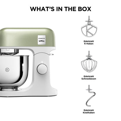 Kenwood kMix Editions KMX760GR Küchenmaschine, 5 l Edelstahl Schüssel, Safe-Use-Sicherheitssystem, Metallgehäuse, 1000 Watt, inkl. 3-Teiligem Patisserie-Set und Spritzschutz, Grün Metallic