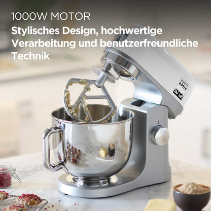 Kenwood kMix KMX750WH Küchenmaschine, 5 l Edelstahl Schüssel, Safe-Use-Sicherheitssystem, Metallgehäuse, 1000 Watt, inkl. 3-Teiligem Patisserie-Set und Spritzschutz, Weiß