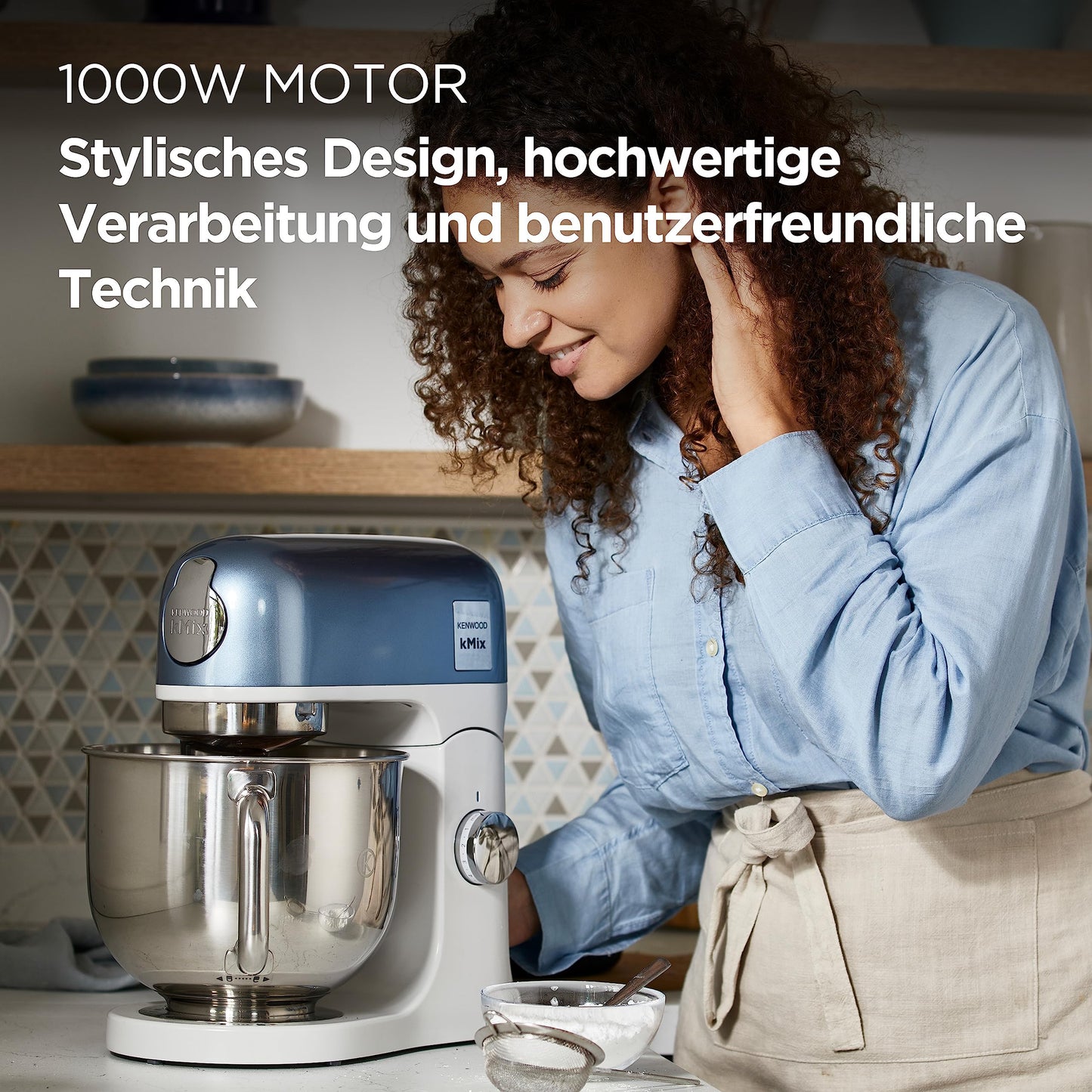 Kenwood kMix Editions KMX760BL Küchenmaschine, 5 l Edelstahl Schüssel, Safe-Use-Sicherheitssystem, Metallgehäuse, 1000 Watt, inkl. 3-Teiligem Patisserie-Set und Spritzschutz, Blau Metallic