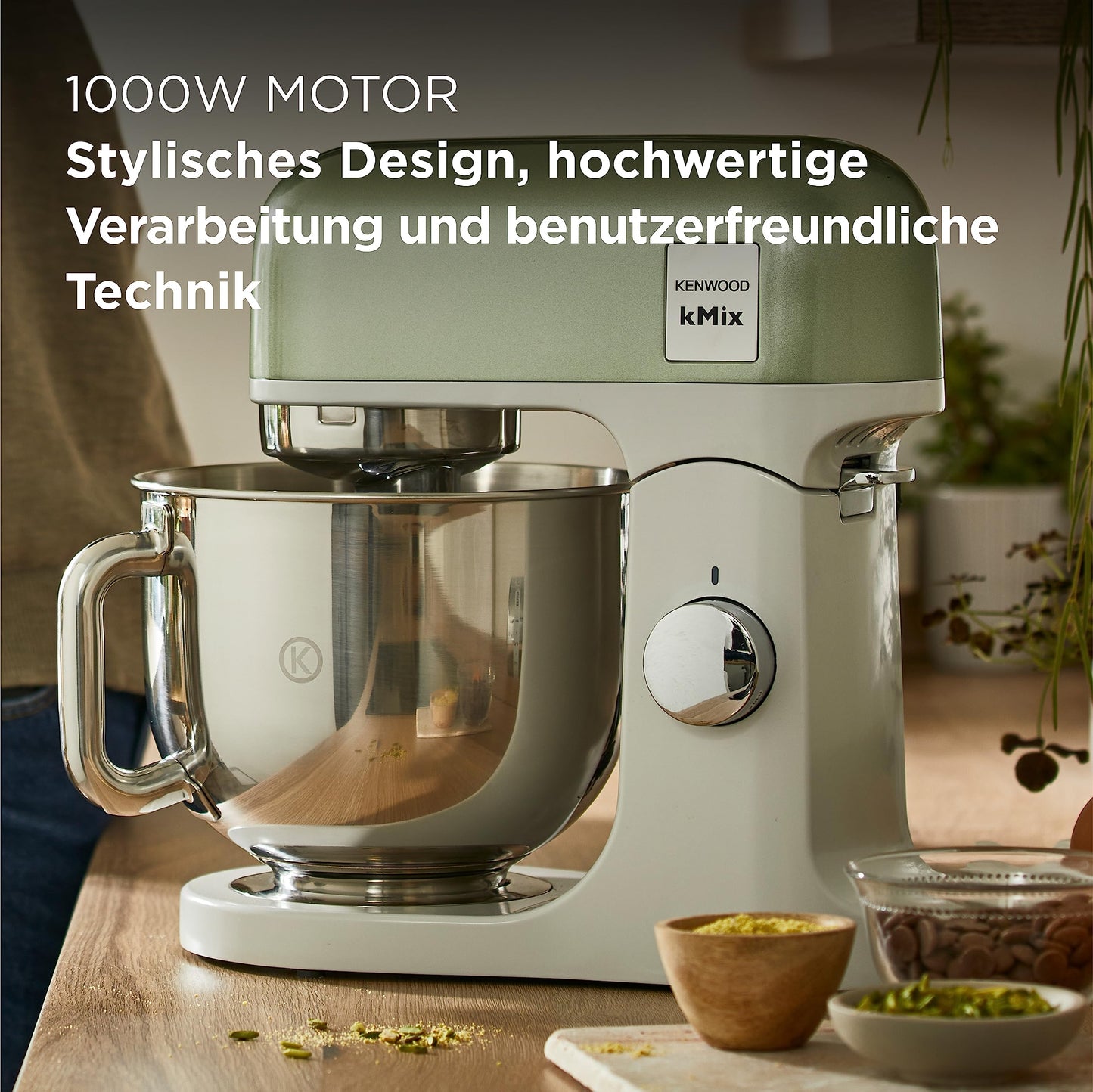 Kenwood kMix Editions KMX760GR Küchenmaschine, 5 l Edelstahl Schüssel, Safe-Use-Sicherheitssystem, Metallgehäuse, 1000 Watt, inkl. 3-Teiligem Patisserie-Set und Spritzschutz, Grün Metallic