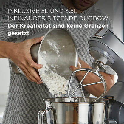 Kenwood Titanium Chef Baker KVC85.004SI Küchenmaschine mit integrierter Waage, inkl. 3-teiligem Patisserie-Set, 5 L und 3,5 L Rührschüssel, stufenloser Geschwindigkeitsregler, 1200 W, Silber